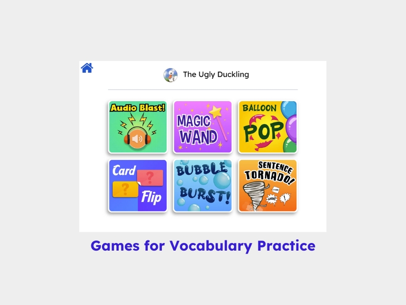 Screenshot of six educational games for vocabulary practice including 'Audio Blast,' 'Magic Wand,' 'Balloon Pop,' 'Card Flip,' 'Bubble Burst,' and 'Sentence Tornado!'