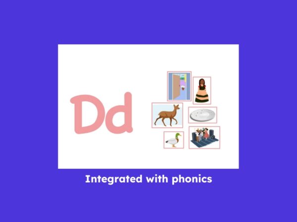Phonics lesson showing the letter Dd and associated words like deer, duck, door, dress, dish, and dance.
