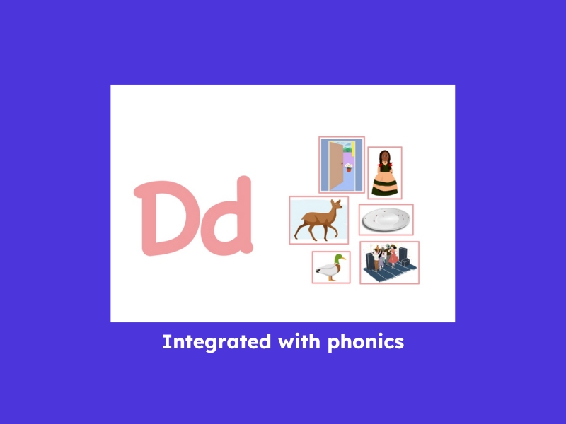 Phonics lesson showing the letter Dd and associated words like deer, duck, door, dress, dish, and dance.