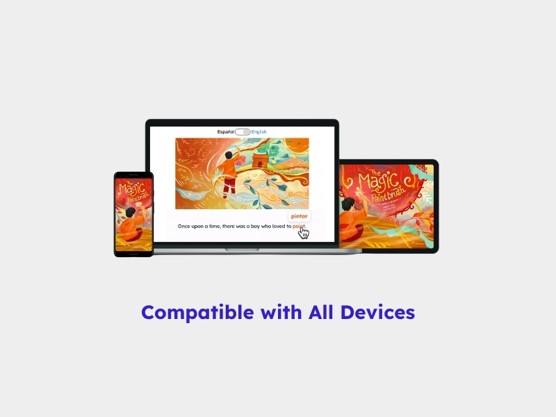 Screenshot from Storyworld with a phone, laptop, and tablet. A description below the devices says “Compatible with all devices.”