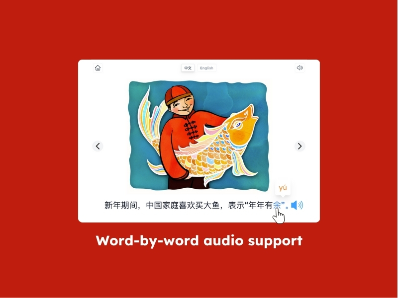 Interactive storybook page in Mandarin with word-by-word audio support, showing text about Chinese New Year fish.