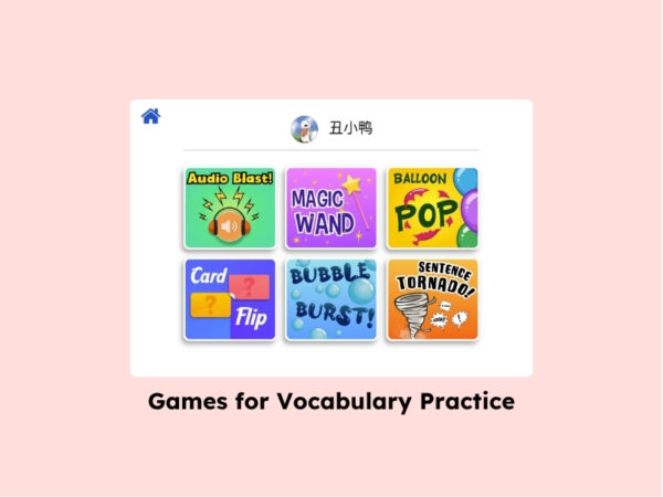 Screenshot of six educational games for vocabulary practice, including 'Audio Blast' and 'Balloon Pop,' with 'The Ugly Duckling' in Mandarin.