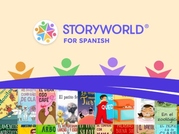StoryWorld logo with "for Spanish" in text and diverse Spanish storybook covers.