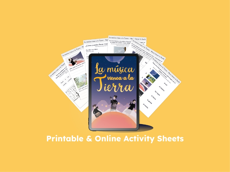 La música viene a la Tierra digital book on a tablet surrounded by printable activity sheets in Spanish.