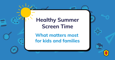 Illustration of a summer-themed blog header with the text “Healthy Summer Screen Time – What matters most for kids and families” and a sun icon on a blue background with learning and tech icons
